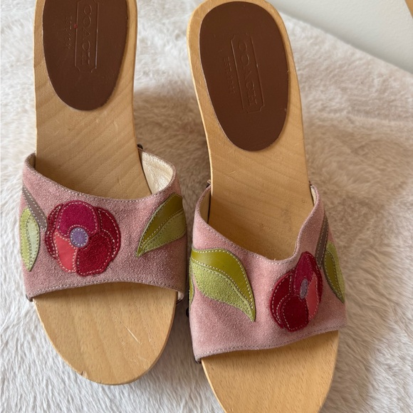 Coach Shoes - Coach Pink Suede Floral Slide Wedges  with Red Flowers and Green Leaves
